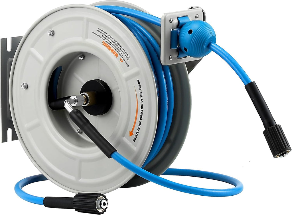 FIXFANS Pressure Washer Hose Reel with Hose, 1/4" × 60ft Retractable Power Washer Hose Reel, Heavy Duty Hose Reel Auto Rewind, Wall Mounted, 3600 PSI