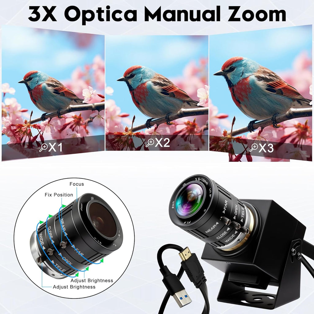 4K 60fps High Speed Camera USB3.0 & HDMI Dual Simultaneous Output 3X Manual CS-Mount Varifocal Lens with 2X Digital Zoom H.264 Security Camera for Computers TVs Projectors Video Conferences