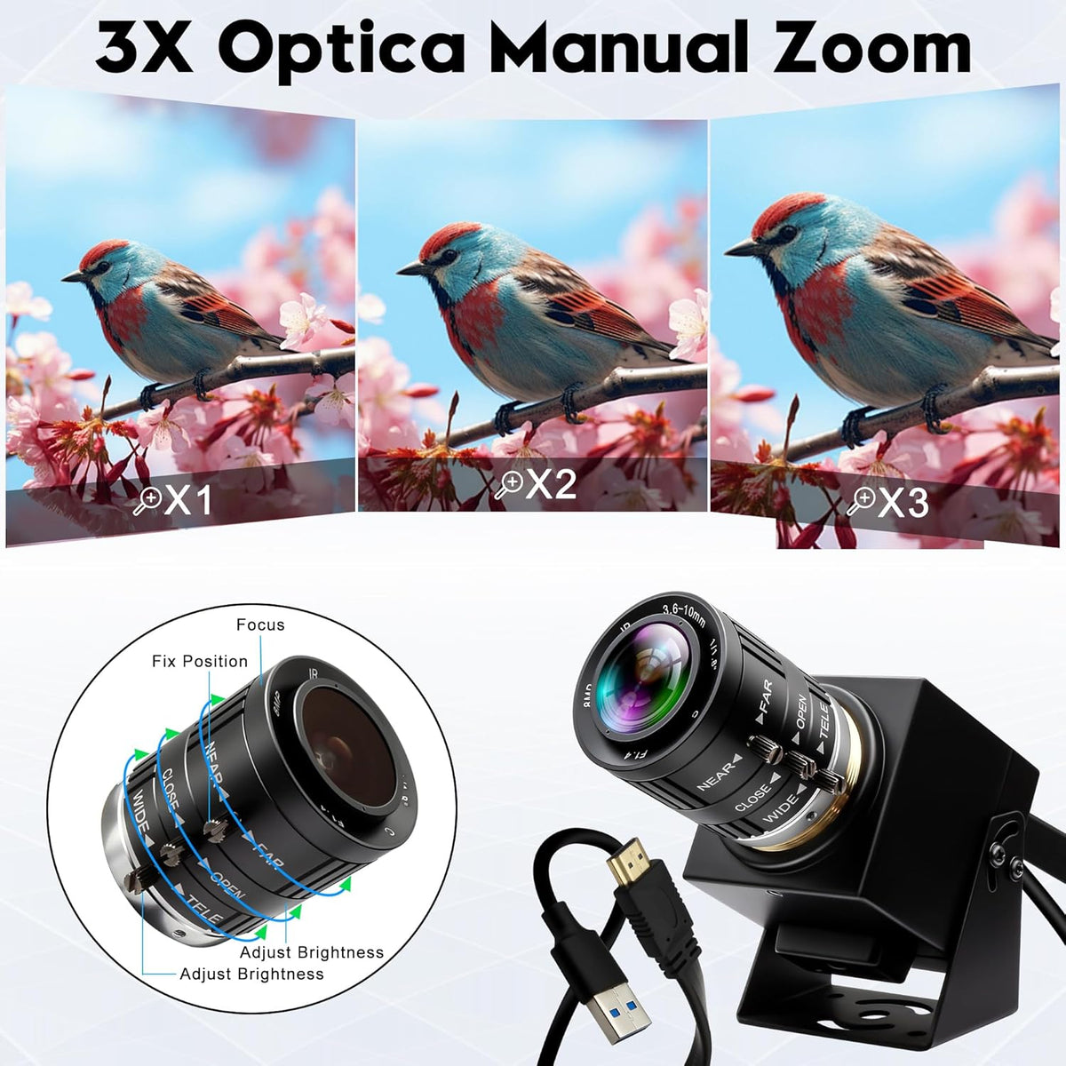4K 60fps High Speed Camera USB3.0 & HDMI Dual Simultaneous Output 3X Manual CS-Mount Varifocal Lens with 2X Digital Zoom H.264 Security Camera for Computers TVs Projectors Video Conferences