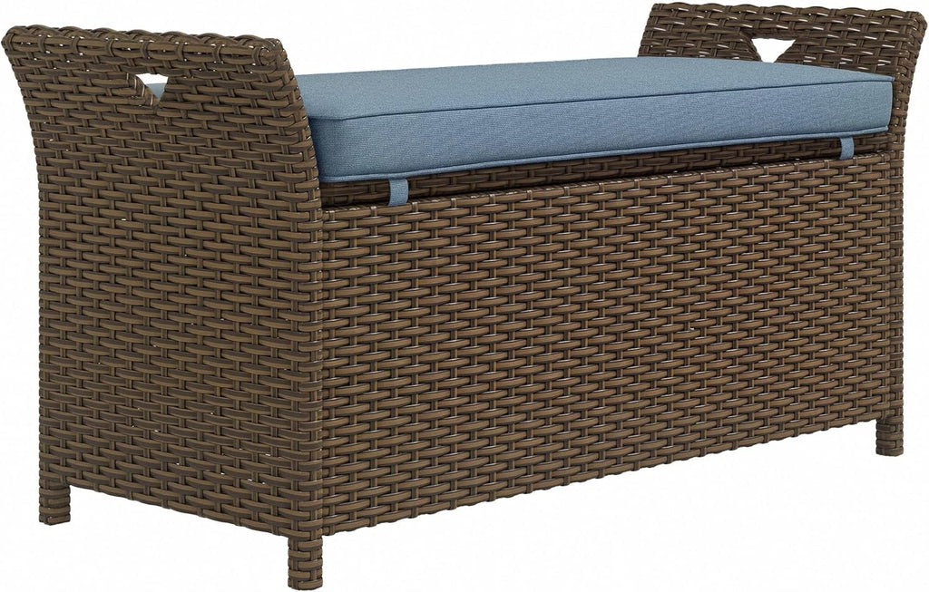 Outsunny 29 Gallon Patio Wicker Storage Bench, Outdoor PE Rattan Furniture, 2-in-1 Large Capacity Rectangle Garden Storage Box with Handles and Cushion, Dark Blue