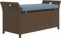 Outsunny 29 Gallon Patio Wicker Storage Bench, Outdoor PE Rattan Furniture, 2-in-1 Large Capacity Rectangle Garden Storage Box with Handles and Cushion, Dark Blue