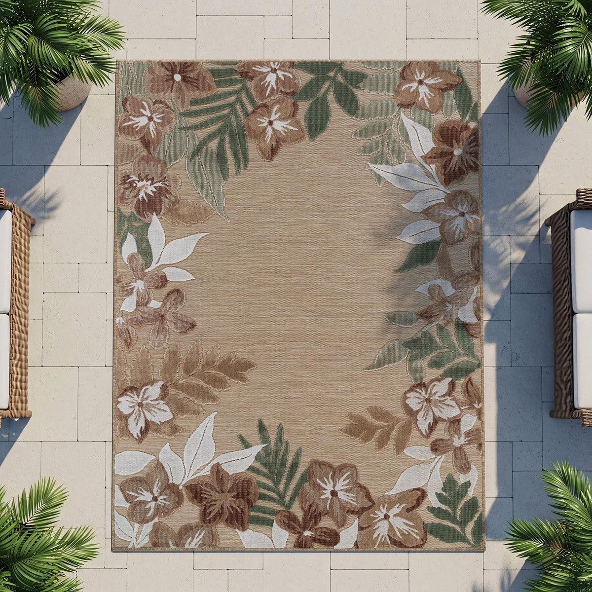 Outdoor Rug 9x12 Washable Area Rugs Indoor Outdoor Carpets Beige Border Floral Non Shedding Waterproof Easy Clean Patio Deck Porch Living Room Bedroom Garden RV (9 X 12 Beige)