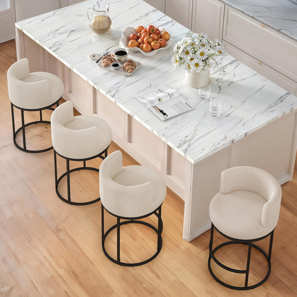 LUE BONA 26.8" Counter Height Bar Stools Set of 3, 180° Swivel Bar Stools, Modern Barrel Counter Stools with Back and Metal Frame, Fabric Upholstered Barstools for Kitchen Island, Linen Color