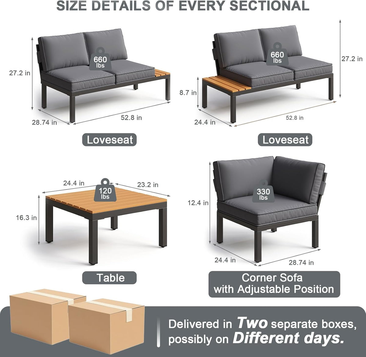 5-Person Outdoor Patio Furniture Set, Durable Metal Frame Outdoor Sectional with Wood-Look Table & Waterproof Cushions, All-Weather Conversation Set for Garden, Balcony, Poolside-Grey