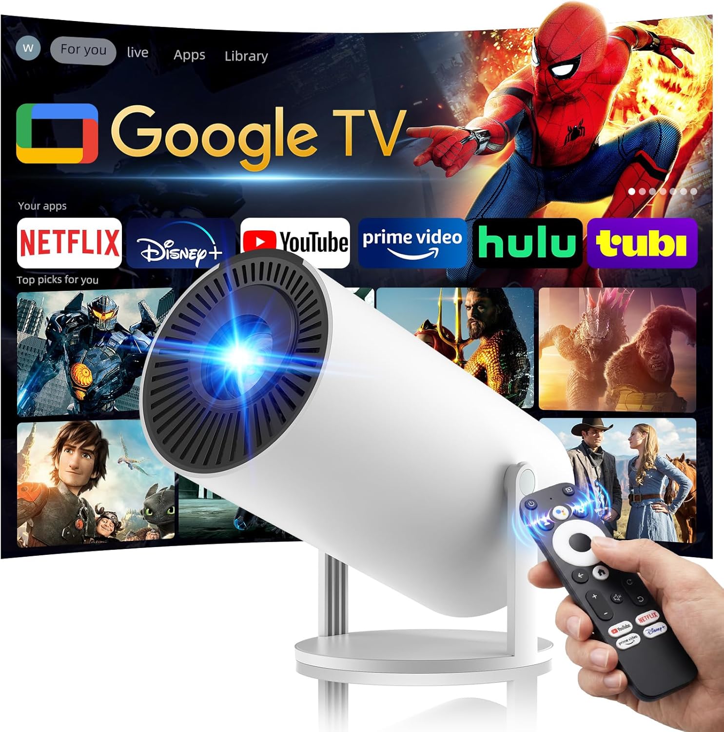 320ANSI/Google Store/Voice Control Smart Projector with WiFi and Bluetooth, 10,000+ Apps, Pericat 4K UHD Home Theater Portable Mini Movie Projector, Indoor & Outdoor Use 180° & Netflix-Compatible