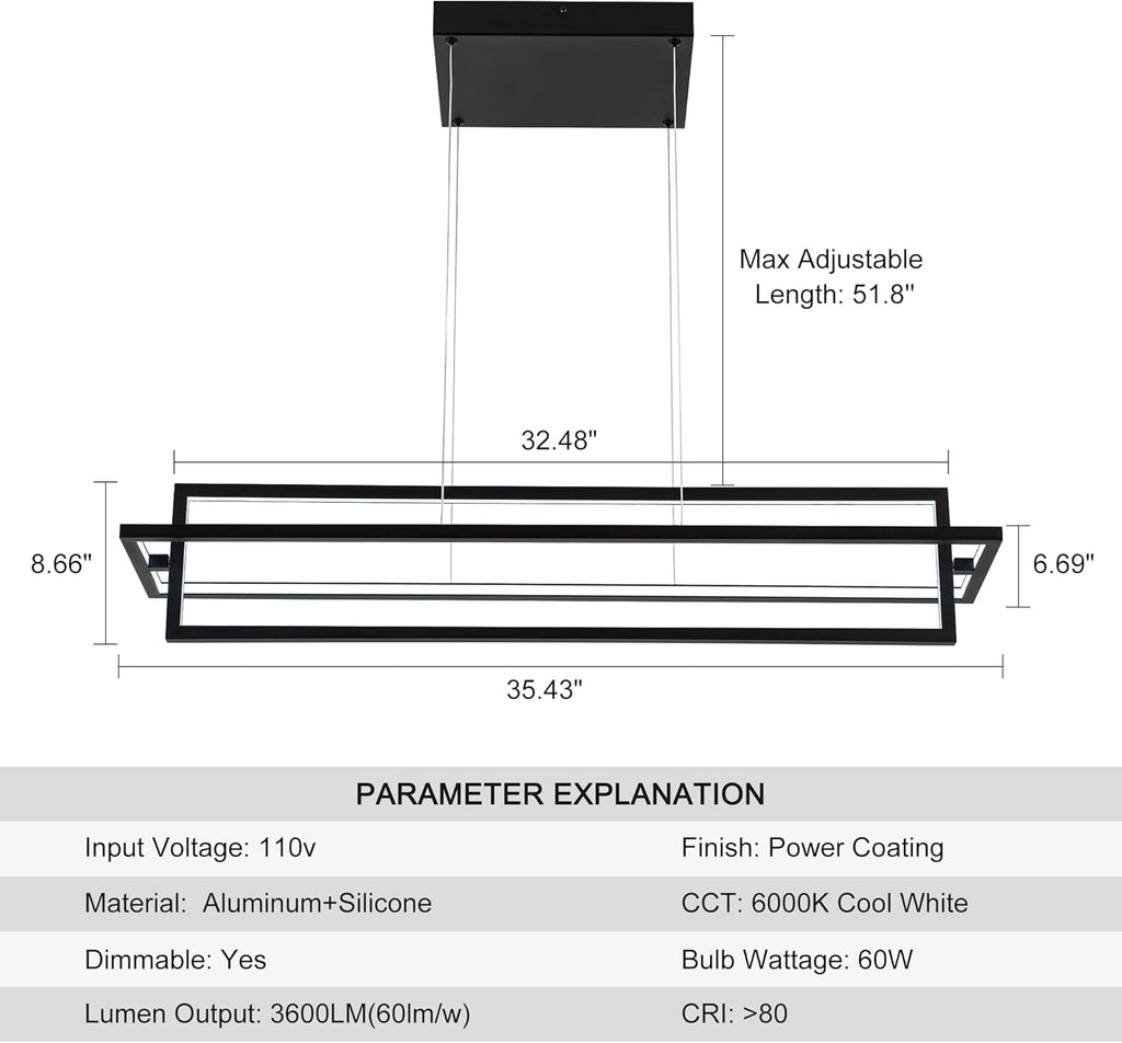 Modern LED Linear Rectangle Chandelier Dimmable 35.4” Kitchen Island Lighting, Contemporary Hanging Linear Led Pendant Chandelier Light Fixture for Dining Room Hallway Bar Black