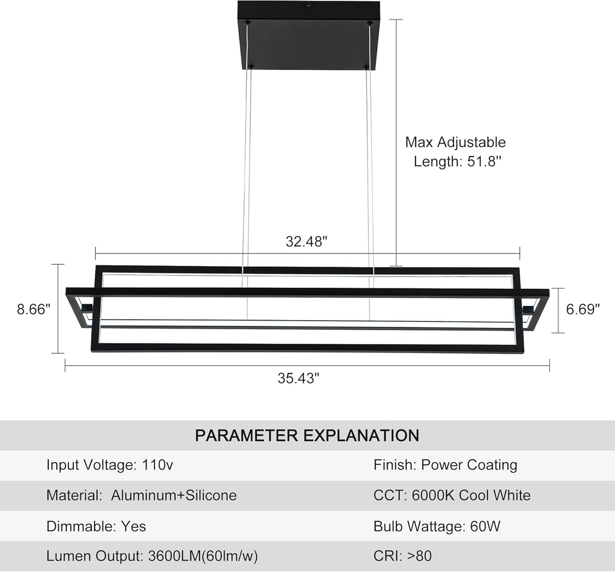 Modern LED Linear Rectangle Chandelier Dimmable 35.4” Kitchen Island Lighting, Contemporary Hanging Linear Led Pendant Chandelier Light Fixture for Dining Room Hallway Bar Black