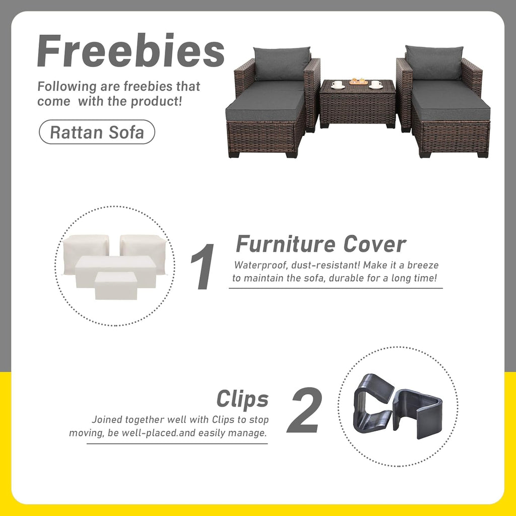 Valita 5 Pieces HDPE Wicker Outdoor Furniture Set Patio Chaise Lounge 2 of Set with Storage Table and Non-Slip Cushions Waterproof Covers, Dark Grey