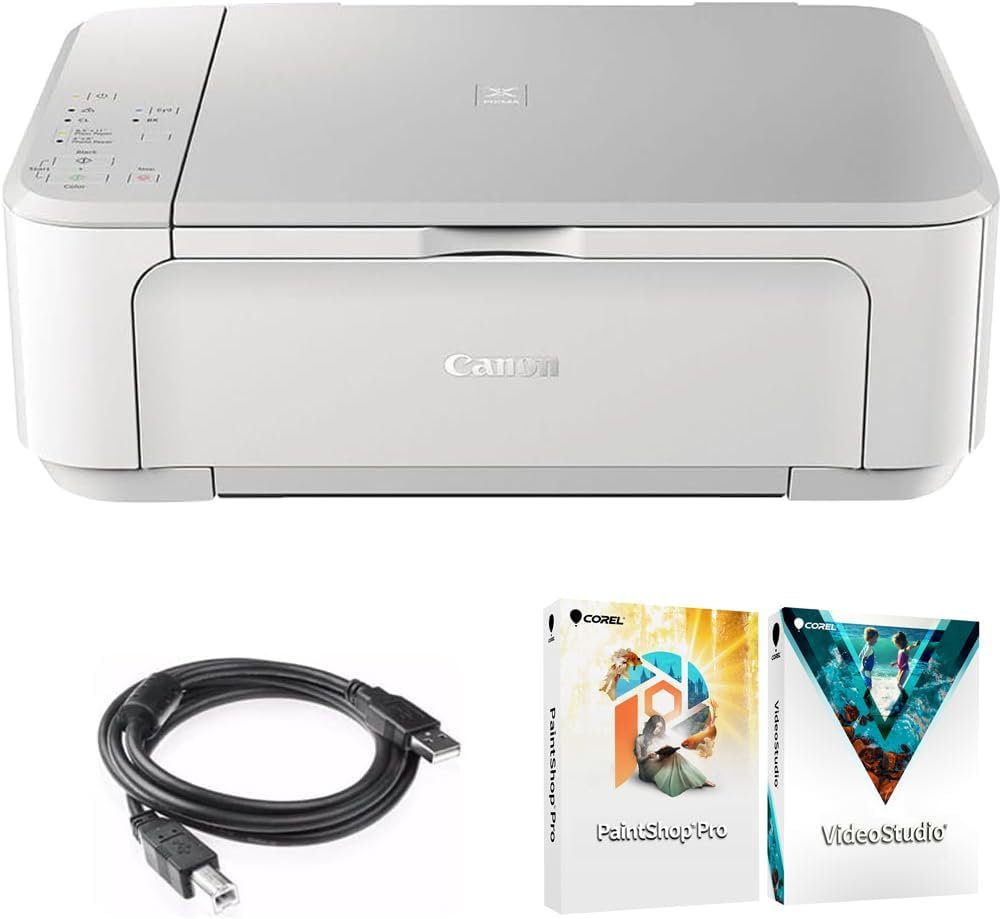 Canon Pixma MG3620 Wireless Inkjet All-in-One White Multifunction Printer 0515C023 Bundle with High Speed 6ft USB Printer Cable and Corel Photo Video Suite (Digital Download)