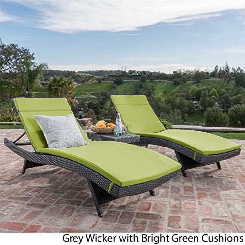 GDFStudio Savana 3 Piece Outdoor Wicker Lounge with Water Resistant Cushions & Coffee Table (Grey/BrightGreen)