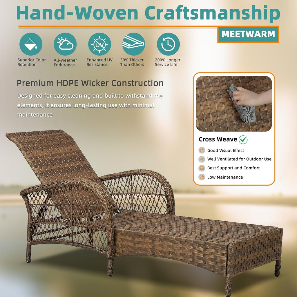 MEETWARM 3 Piece Outdoor Wicker Chaise Lounge Chair Set - Patio Lounge Chairs Set of 2 with Side Table, 6 Position Adjustable Pool Reclining Sunbathing Chair with Cushion, Armrest & Headrest, Beige