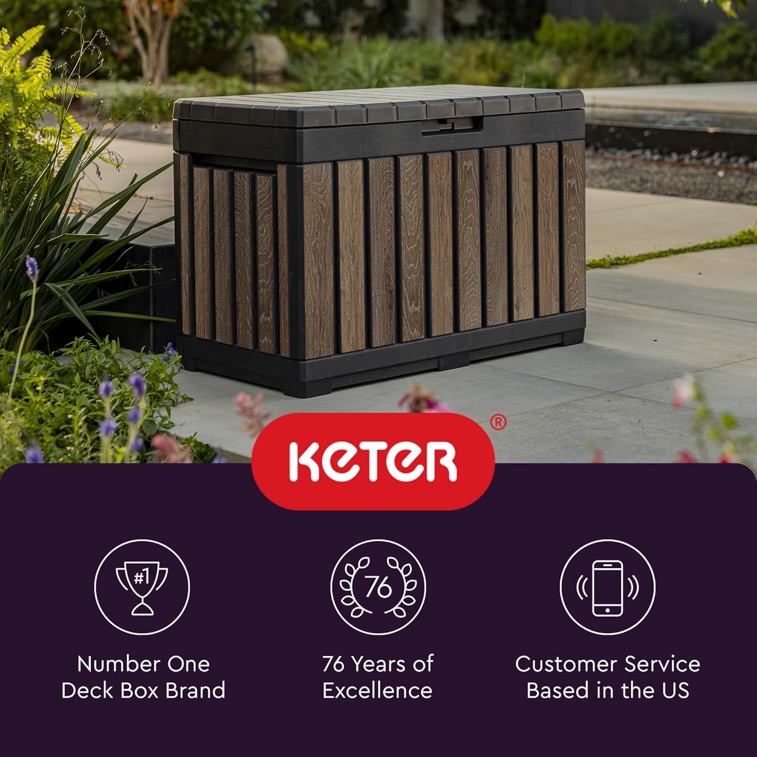 Keter Signature Everwood 50 Gallon Resin Deck Box-Organization and Storage for Patio Cushions, Throw Pillows and Garden Tools, Walnut