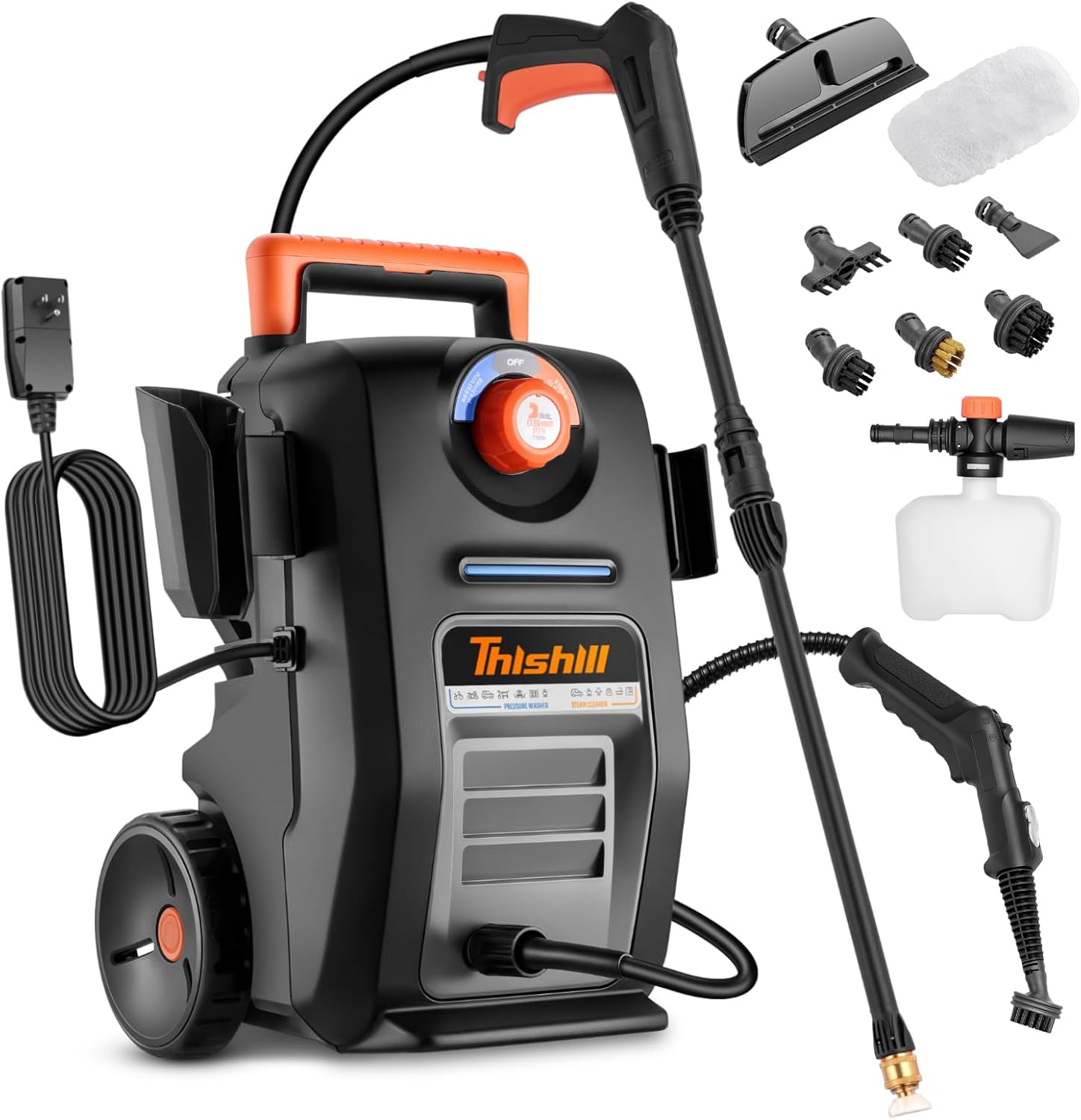 This Hill 2-in-1 Pressure Washer and Steam Cleaner, 3000 PSI 2 GPM Power Washer, 1500W Steam Cleaner with 1L Tank, Portable Cleaning Machine for Car Detailing, Patio, Tile, Grout, Furniture