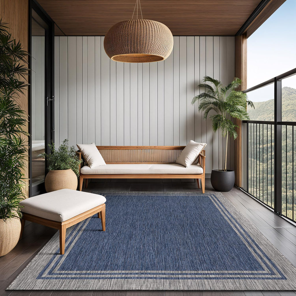 Luul Home Bordered Outdoor Rug 10x14 Washable Outside Carpet for Indoor Patio Porch Waterproof Easy Cleaning Non Shedding Area Rugs Navy 10 x 14