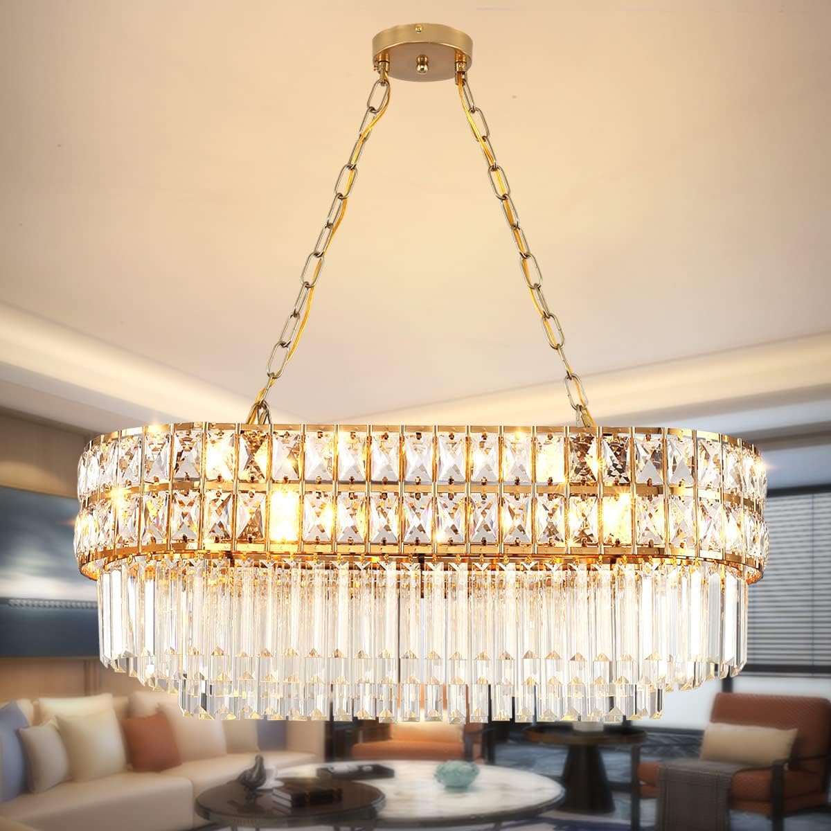 Modern Crystal Chandelier Gold Finish Light Fixture, Oval Crystal Pendant Light Hanging Lamp, for Living Room, Dining Room, Restaurant, E12 x 8, 29.5 x 13 inch