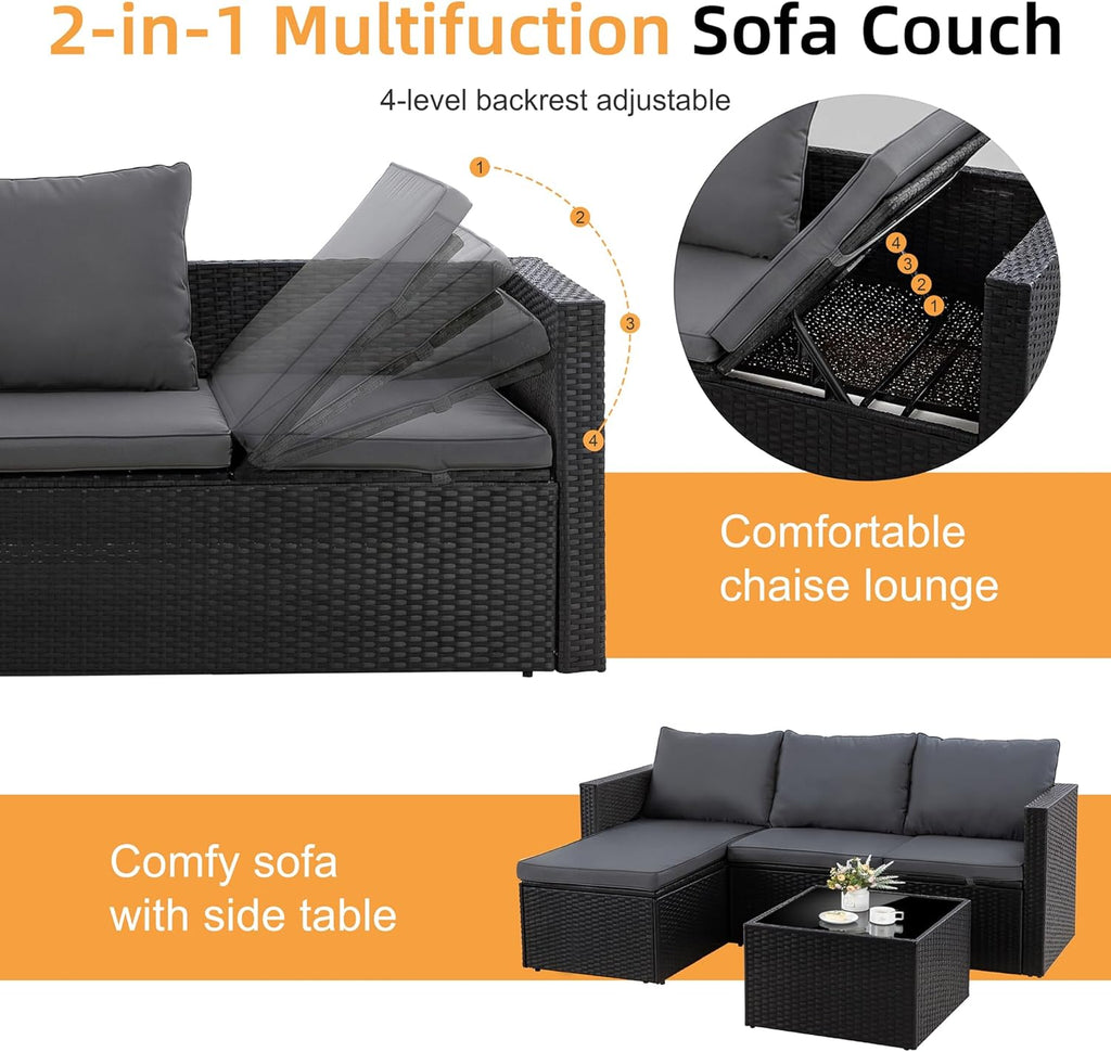 Shintenchi 4 Pieces Patio Furniture Sets, Outdoor Sofa Patio Sectional Sets All Weather, 2-in-1 Wicker Rattan Seating Sofa Couch with Cushions & Coffee Table for Yard, Garden, Porch, Poolside (Gray)