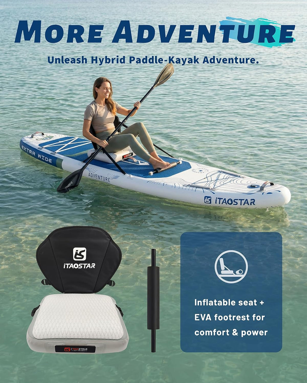iTAOSTAR Adventure 12' × 35"/39" Inflatable Stand Up Paddle Board with Seat, Extra Wide SUP Board with 5 Fins Stable Design for Adults, Youth, All Skill Levels, Lakes, Oceans & Fishing