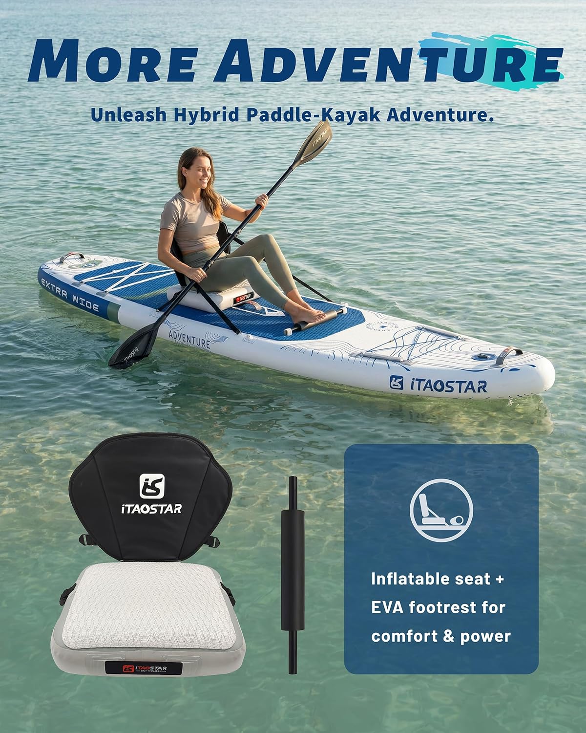 iTAOSTAR Adventure 12' × 35"/39" Inflatable Stand Up Paddle Board with Seat, Extra Wide SUP Board with 5 Fins Stable Design for Adults, Youth, All Skill Levels, Lakes, Oceans & Fishing