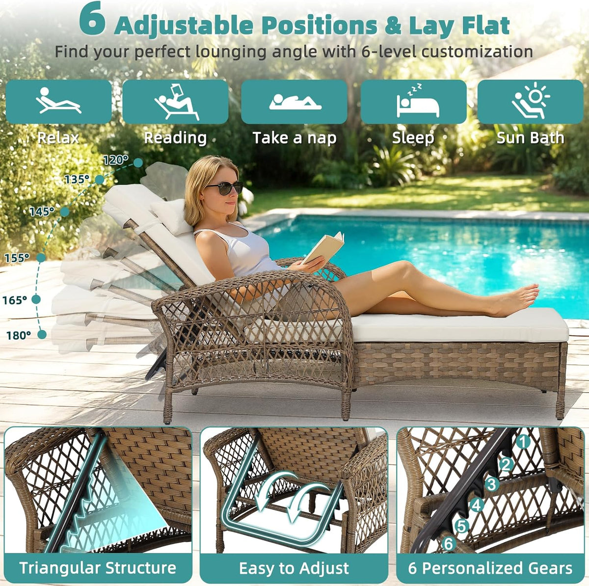 MEETWARM 3 Piece Outdoor Wicker Chaise Lounge Chair Set - Patio Lounge Chairs Set of 2 with Side Table, 6 Position Adjustable Pool Reclining Sunbathing Chair with Cushion, Armrest & Headrest, Beige
