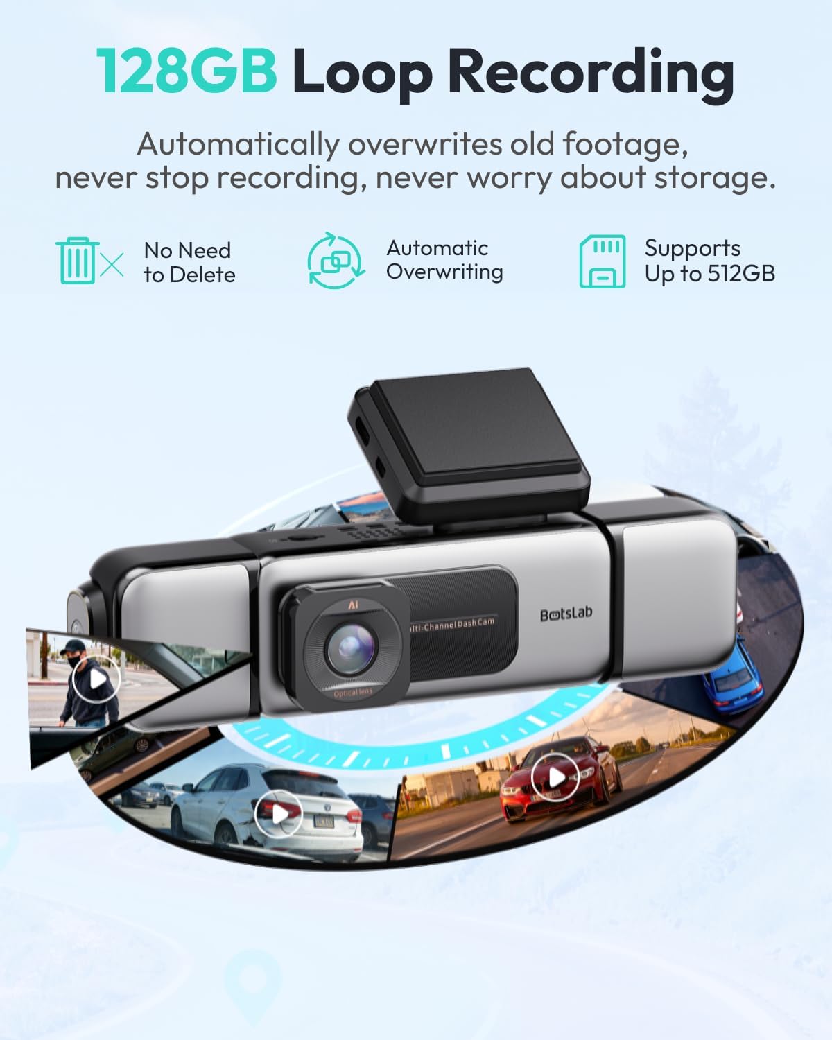 BOTSLAB 3K 4 Channel Dash Cam, 360° All-Sides View, Front and Rear Inside Car Camera with 3.18”Touch Screen, Dash Camera 24/7 Parking Mode, Built-in GPS 5.8GHz WiFi Voice Control, Free 128GB Card
