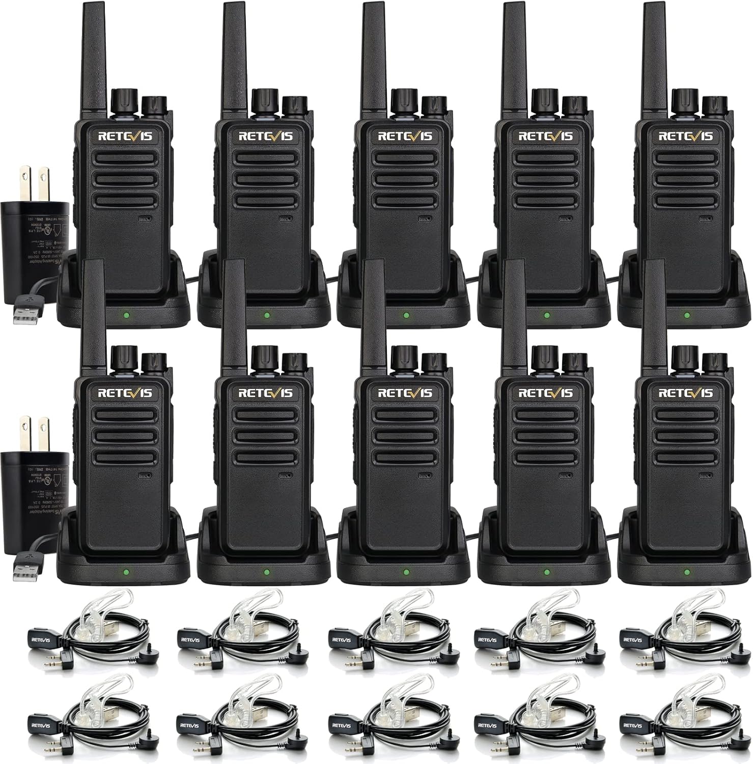 Retevis RT68 Two-Way Radios Long Range, Walkie Talkies for Adults, 2 Way Radio with Earpiece, Walkie Talkie Rechargeable with Charging Base, for Manufacturing Restaurant Business School(10 Pack)