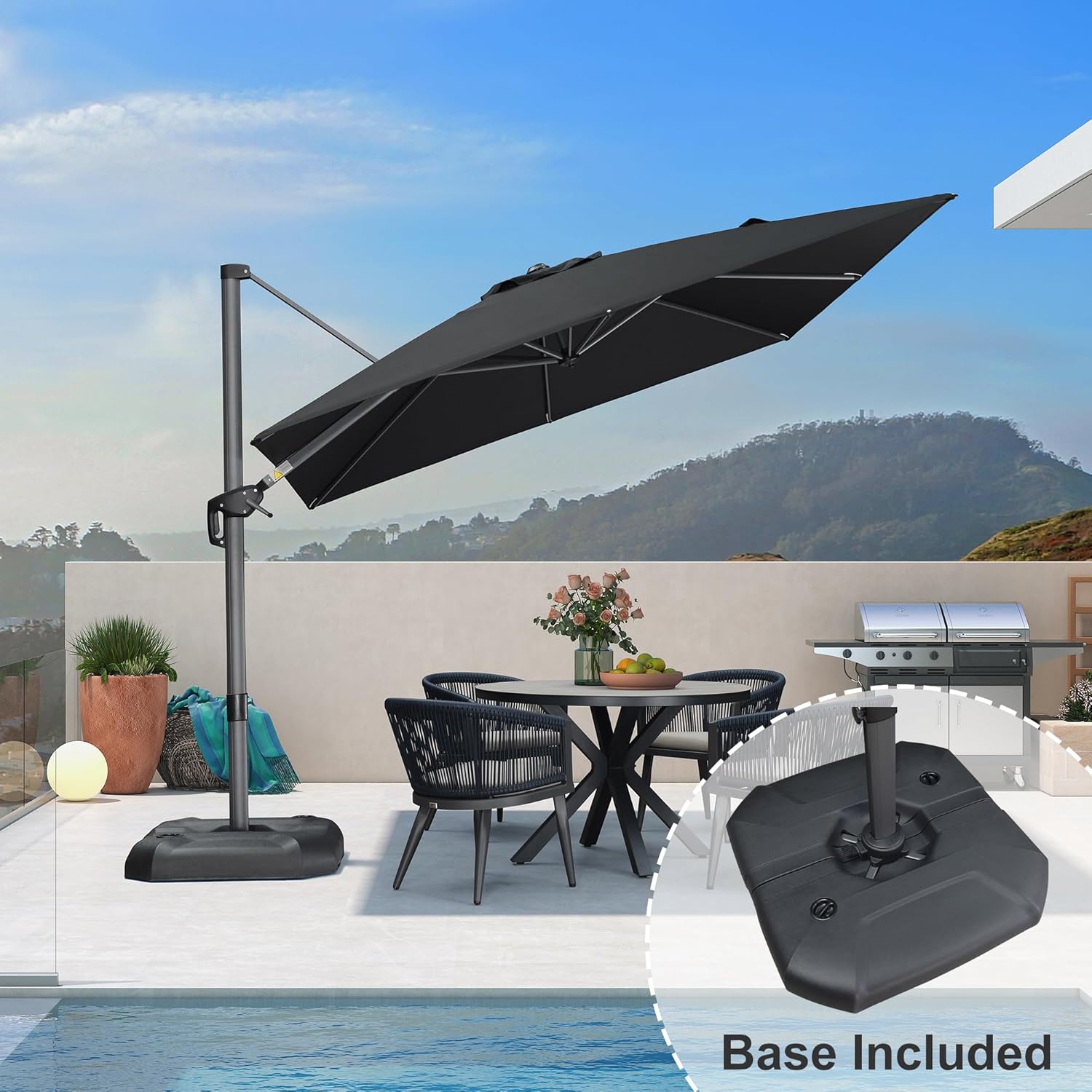 PURPLE LEAF 9 Feet Square Cantilever Umbrella Patio Umbrella with Base Outdoor Umbrella Aluminum Offset with 360-degree Rotation for Garden Deck Pool Patio Black