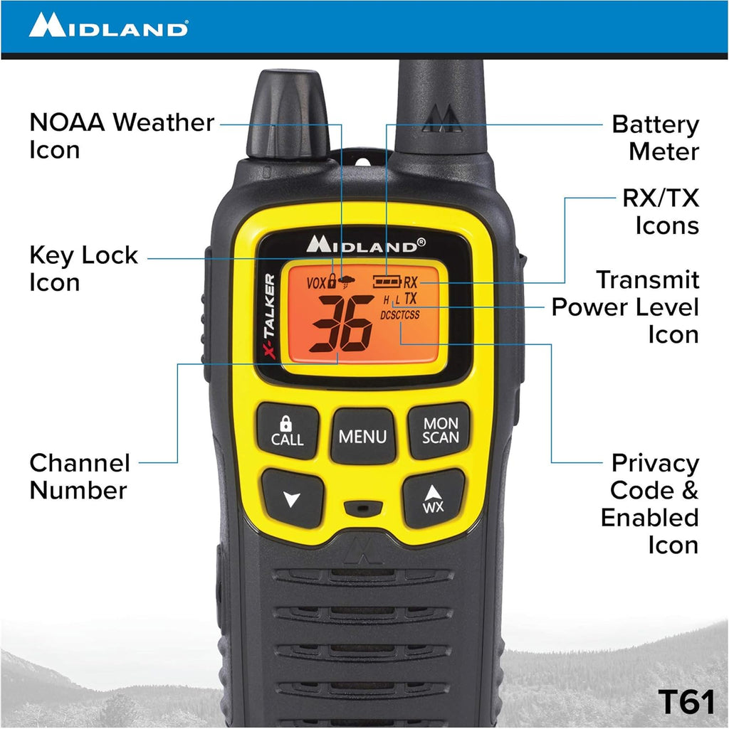 Midland T61VP3 36 Channel FRS Two-Way Radio - Up to 32 Mile Range Walkie Talkie - Yellow/Black (Pack of 12)