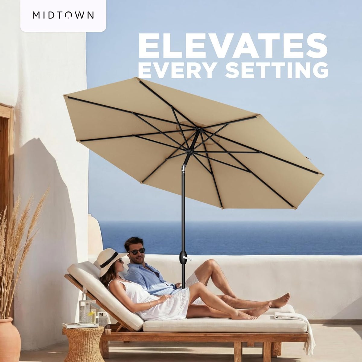 Midtown Umbrellas – The Lean 9 Ft Patio Umbrella with 10-Year-No-Fade Acrylast Acrylic Fabric, Auto-Tilt and 8 Reinforced Ribs for Deck, Pool, Garden, Hotel & Cafes – Sahara Canopy, Black Pole