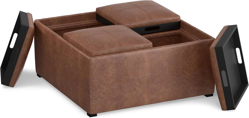 SIMPLIHOME Avalon Wide Contemporary Square Coffee Table Storage Ottoman, Distressed Umber Brown, Table Ottoman