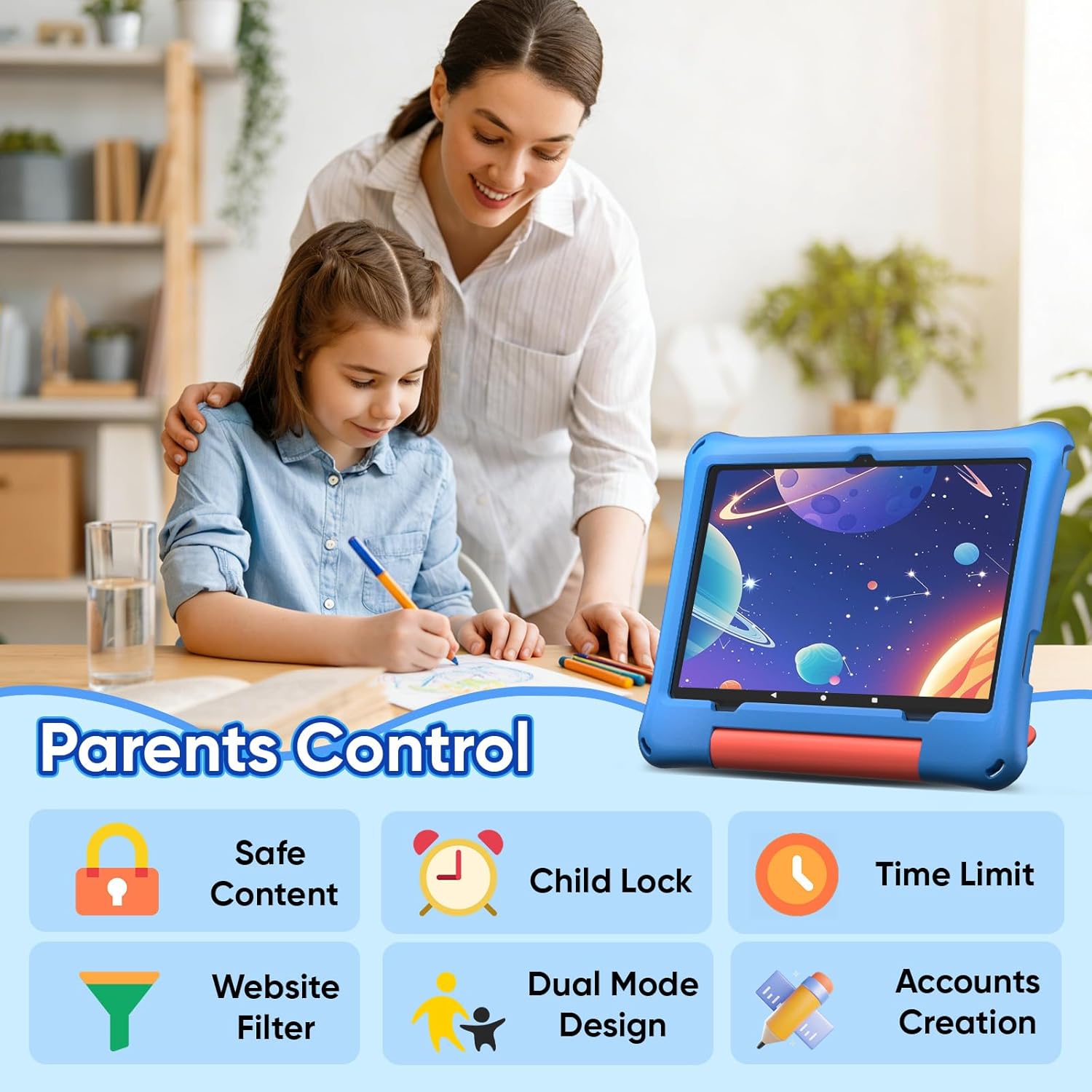 10 inch Kids Tablet, Android 16 Tablet for Kid, Octa-Core Processor, 24GB RAM, 64GB ROM 1TF Card Expandable for Toddler Children,Tablets with Case, Parental Control, 6000mAh, WiFi, BT5.0, Dual Camera