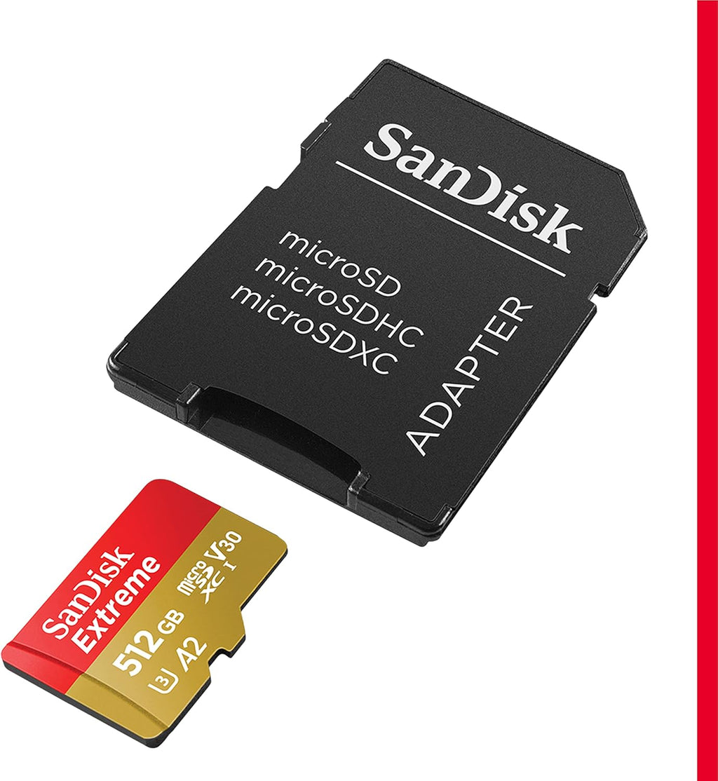 SANDISK 512GB Extreme microSDXC UHS-I Memory Card with Adapter - C10, U3, V30, 4K, 5K, A2, Micro SD Card - SDSQXAV-512G-GN6MA
