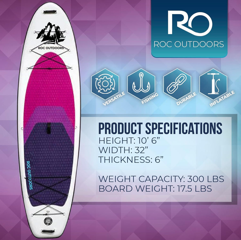 Roc Inflatable Stand Up Paddle Board 10' 6" with Premium SUP Paddle Board Accessories, Wide Stable Design, Non-Slip Comfort Deck for Youth & Adults