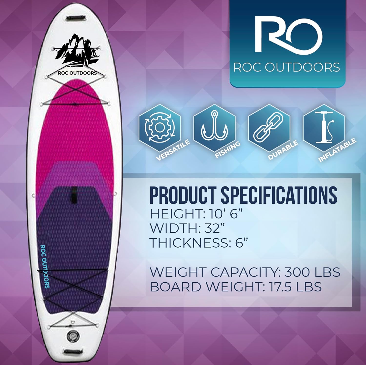 Roc Inflatable Stand Up Paddle Board 10' 6" with Premium SUP Paddle Board Accessories, Wide Stable Design, Non-Slip Comfort Deck for Youth & Adults