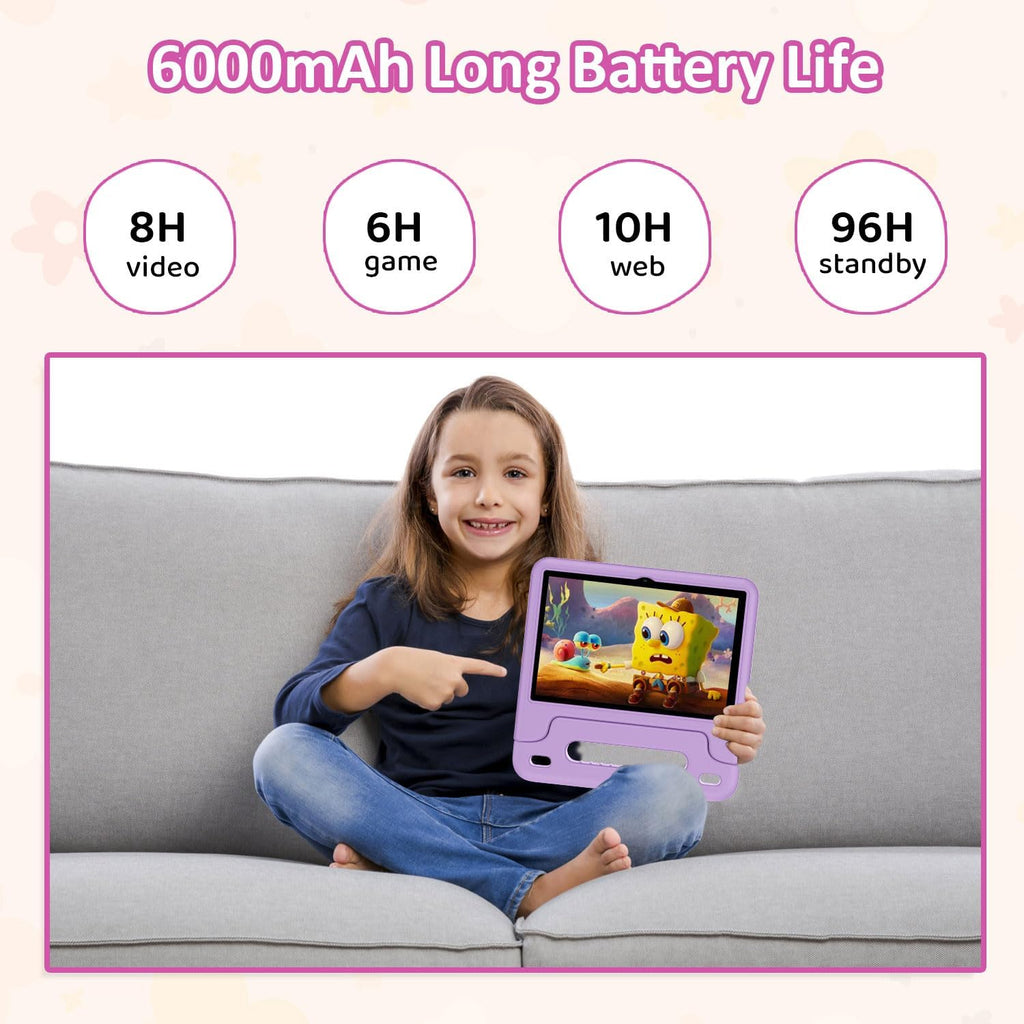 WXUNJA Android 15 Kids Tablet, 2025 Upgraded 10.1 Inch Tablets with Octa-core Processor, 6000mAh Battery, Kid Space, Parental Control,Pre-Loaded Kids Apps, 2.4/5GHZ Dual WiFi, Case Included, Purple