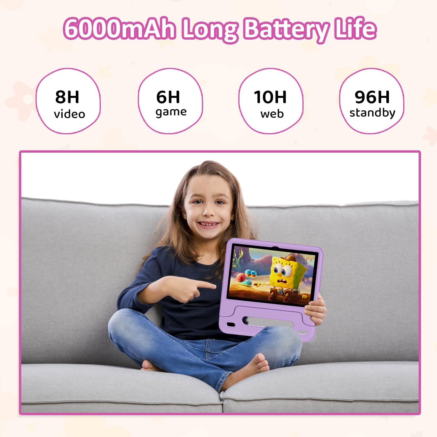 WXUNJA Android 15 Kids Tablet, 2025 Upgraded 10.1 Inch Tablets with Octa-core Processor, 6000mAh Battery, Kid Space, Parental Control,Pre-Loaded Kids Apps, 2.4/5GHZ Dual WiFi, Case Included, Purple