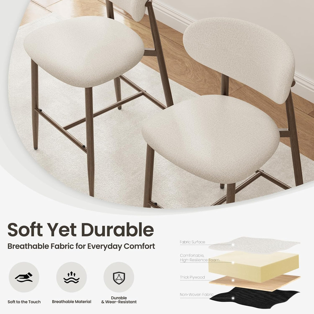 MALOL Bar Stools Set of 2, Counter Height bar stools, Kitchen Bar Stools with Backs, Modern Upholstered, Modern Bar Stools with Metal Legs for Kitchen Island, Counter, Beige