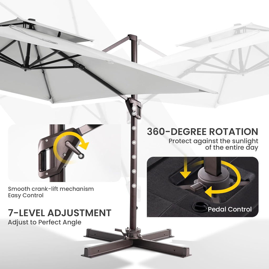 10x10 FT Cantilever Patio Umbrella Double Top Outdoor Square Large Heavy Duty Aluminum Offset Umbrellas with 7 Level Tilt 360-degree Rotation for Pool Garden Deck, Fog Grey