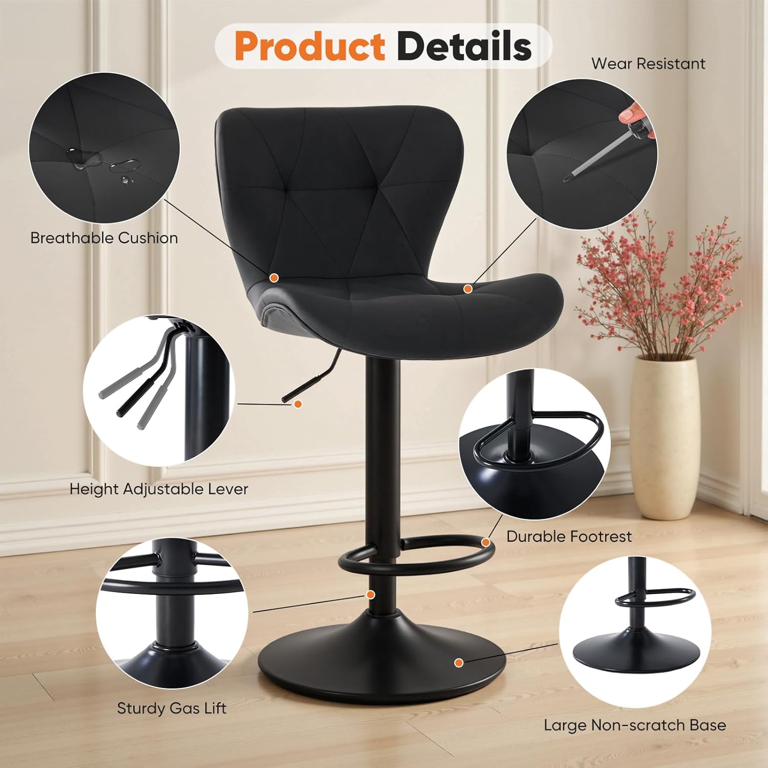 Sweetcrispy Modern Bar Stools Set of 4, Adjustable Faux Leather Upholstered Swivel Bar Stools, Counter Height Bar Chairs with Back for Kitchen Island, Black