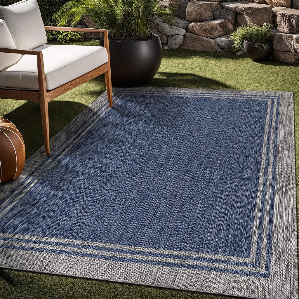 Luul Home Bordered Outdoor Rug 10x14 Washable Outside Carpet for Indoor Patio Porch Waterproof Easy Cleaning Non Shedding Area Rugs Navy 10 x 14