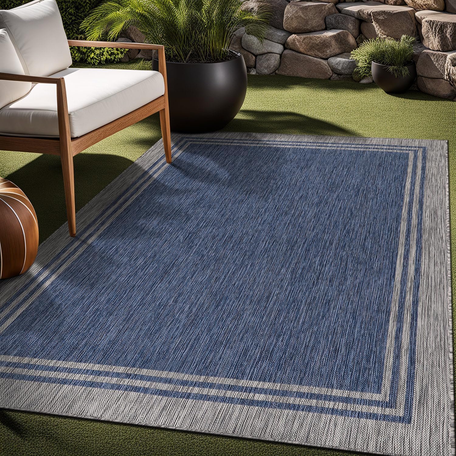 Luul Home Bordered Outdoor Rug 10x14 Washable Outside Carpet for Indoor Patio Porch Waterproof Easy Cleaning Non Shedding Area Rugs Navy 10 x 14