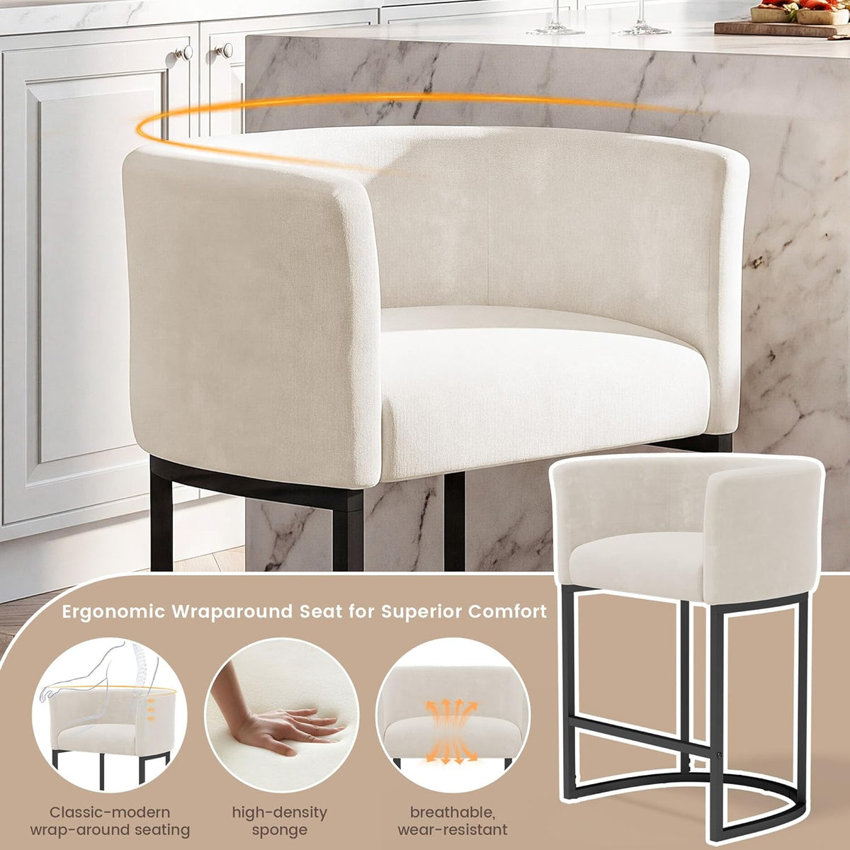 GRUSIGN Chenille Counter Height Bar Stools Set of 2, 26" Kitchen Island Stools with Arms & Footrest, Upholstered Barrel Back Bar Chairs for Kitchen . Dining Room, Bar & Lounge Area, 450 lbs, Off-White
