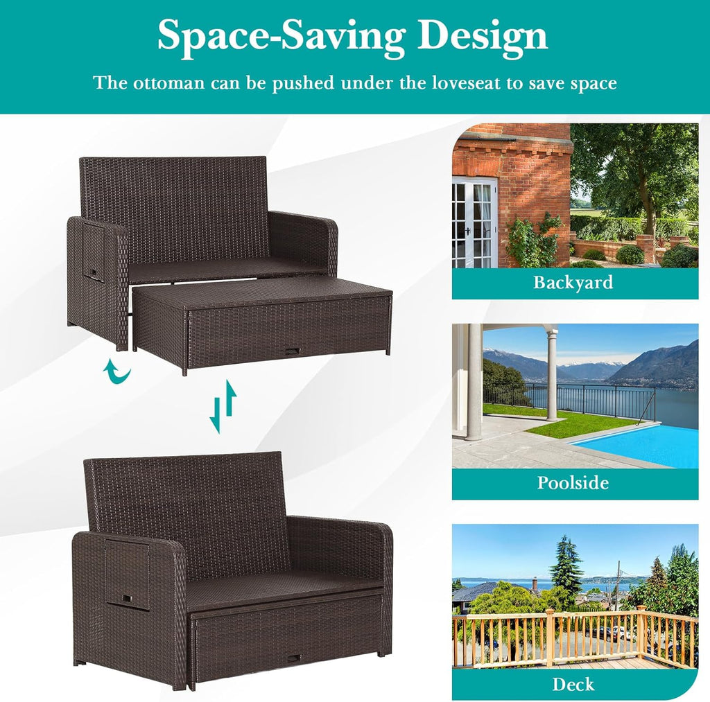 Nightcore Wicker Patio Outdoor Daybed, Outdoor Chaise Lounger w/ 4-Level Adjustable Backrest, Retractable Side Trays, Storage Ottoman, Comfortable & Removable Cushions, Rattan Loveseat (Turquoise)