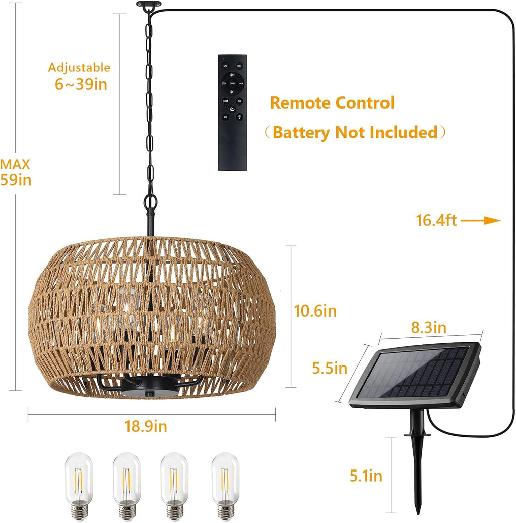 Solar Lights Outdoor Chandelier with Remote & Dimmable LED Bulb, Rattan Solar Powered Outdoor Lights for Patio, Indoor Boho Hanging Pendant Light Fixture, Garden Lights for Porch Gazebo Patio Yard