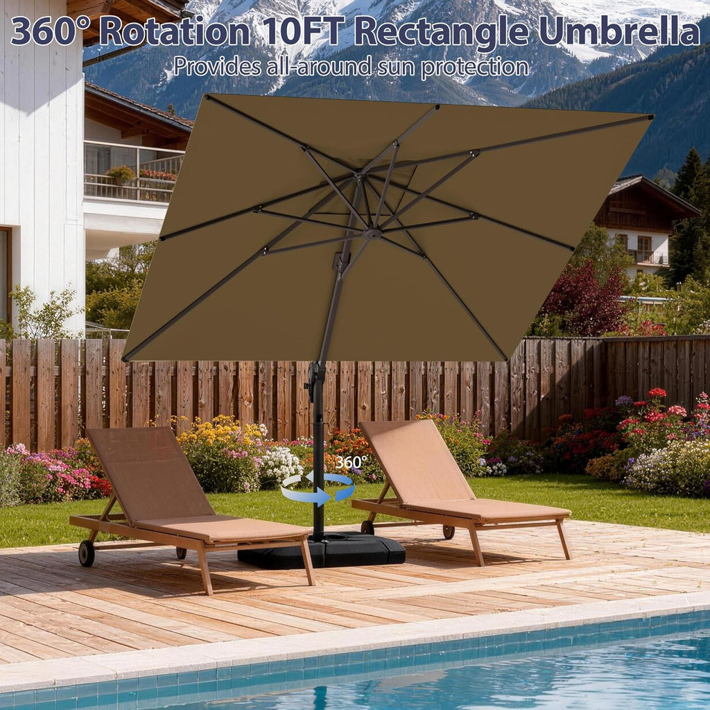 10' X 10' Patio Umbrella Cantilever Outdoor Rectangle Umbrella with Base Included, Heavy Duty 360°Rotation Offset Umbrella for Garden Deck Pool Patio, Brown