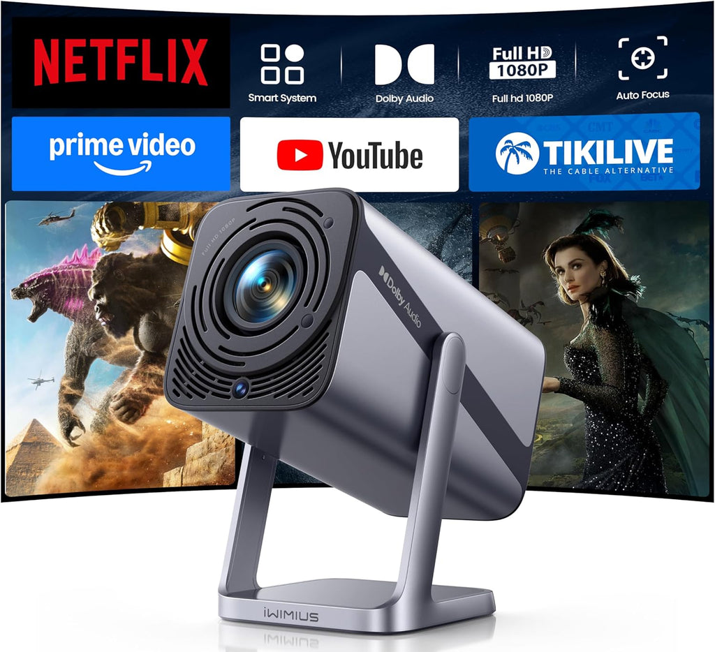 Built-in Apps & 4K Support & Auto Focus- Smart Projector with WiFi 6 and 2-Way Bluetooth, Dolby Audio/ Auto Keystone/Zoom,360°Adjustable Stand, iWIMIUS Mini Portable Outdoor Proyector w/ HDMI ARC