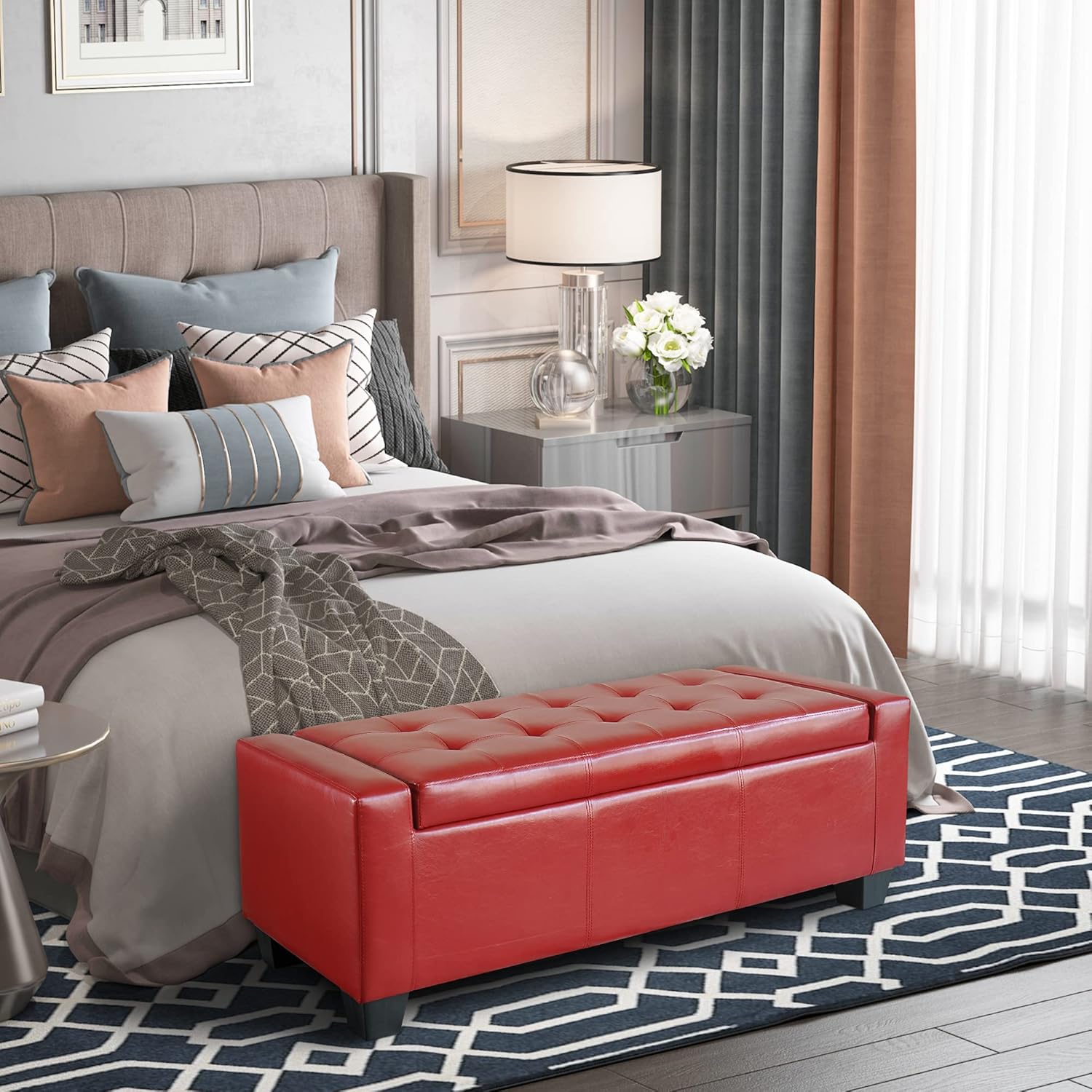 HOMCOM 51" Ottoman with Storage, Storage Ottoman Bench with Safty Hinge, Faux Leather Upholstered Entryway Bench with Seating for Living Room, Bedroom, Holds up to 330 lb, Bright Red