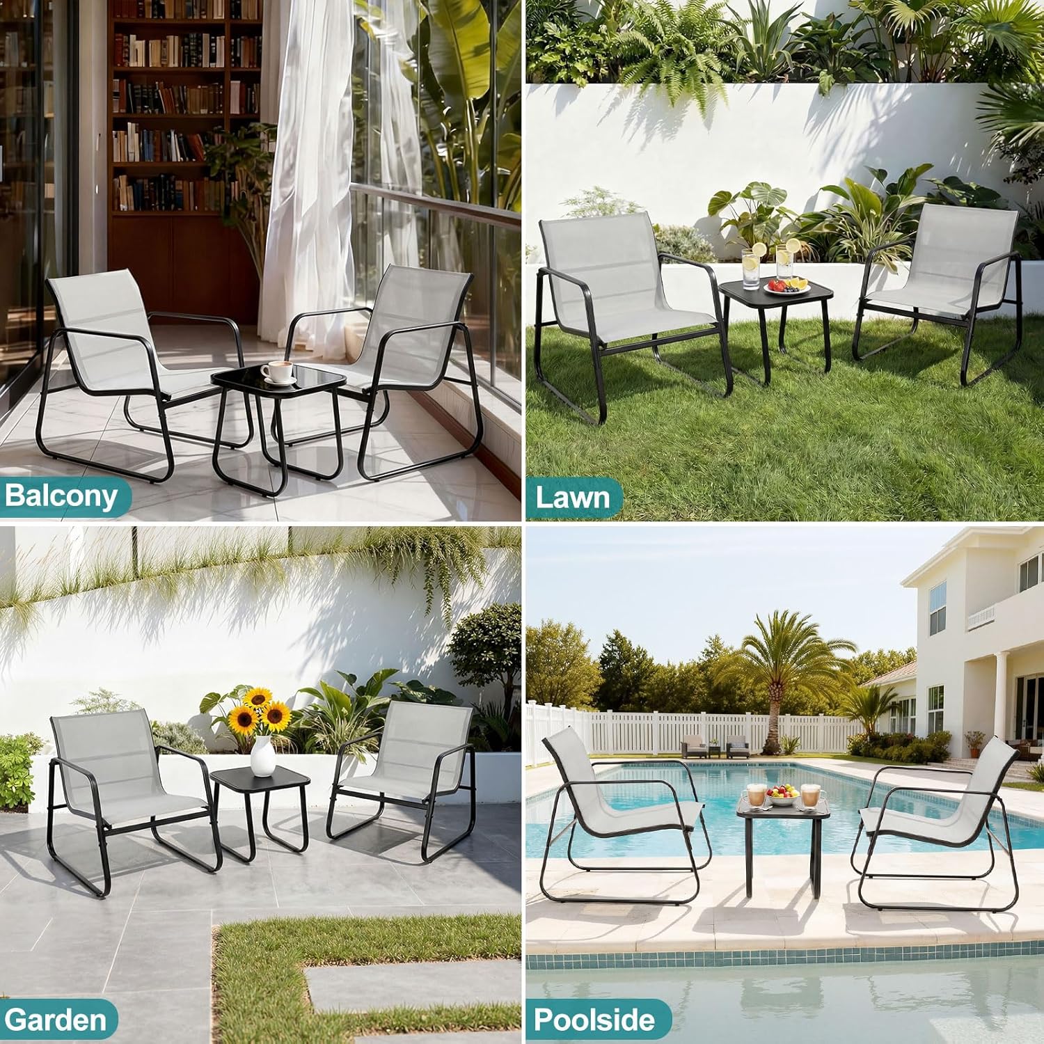 DUMOS 3 Piece Patio Furniture Set .Outdoor Patio Furniture Set with Table and Chairs, Patio Sectional Bistro Sets for Lawn, Garden, Balcony, Poolside Gray