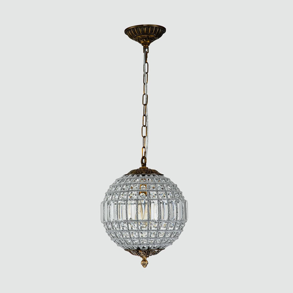 Antique Crystal Globe Chandelier, 11.8" Vintage Small Sphere Chandelier Crystal Pendant Light Fixture for Foyer Dining Room Kitchen Island Bronze