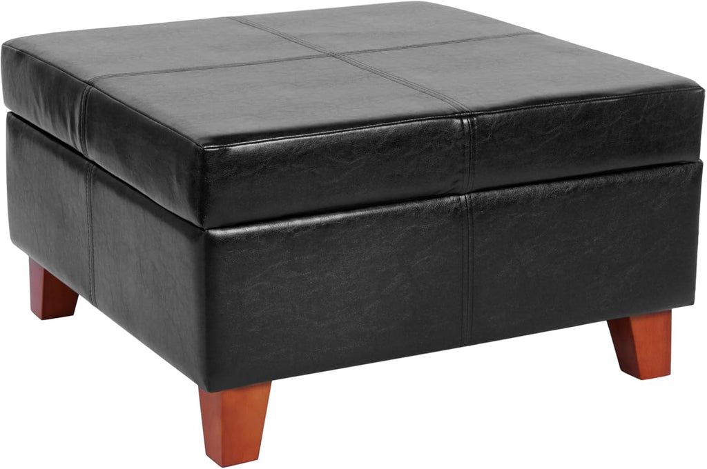 HomePop Faux Leather Square Storage Ottoman with Wood Legs, Black