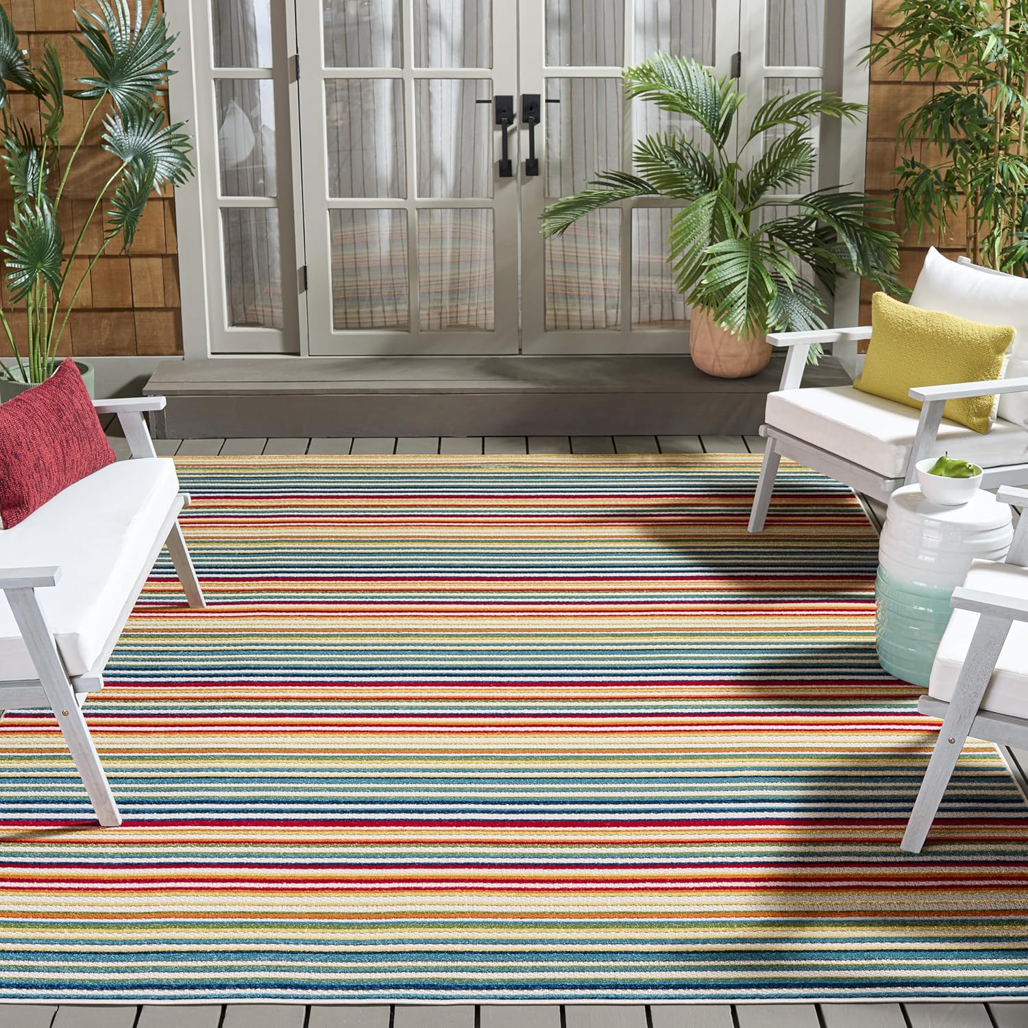 SAFAVIEH Washable Rug Outdoor Cabana Collection - 6'7" x 9', Ivory & Green, Non-Shedding & Easy to Clean, Ideal for Patio, Backyard, Mudroom (CBN323A)